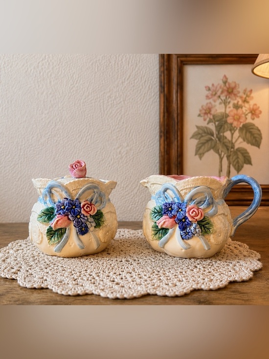 Fitz and Floyd Other - Fitz & Floyd 1993 Vintage Sugar Bowl & Creamer Set | Pink & Blue Tea Set